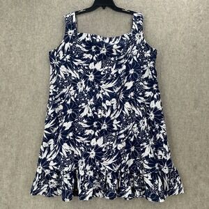 Kalama Navy White Floral Cotton Ruffle‎ Hem Sleeveless Hawaiian Dress 2X